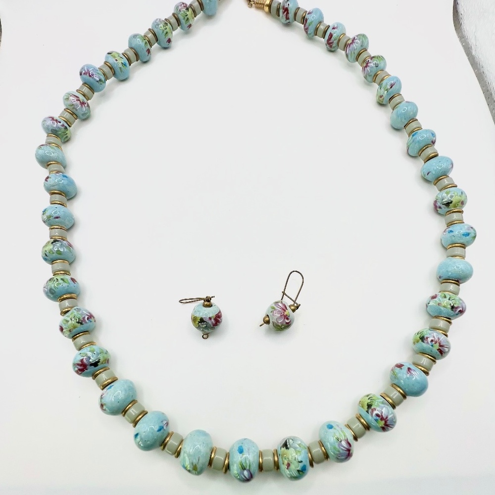 VTG Porcelain Floral Beaded Necklace with Matching Pierced Drop Earrings